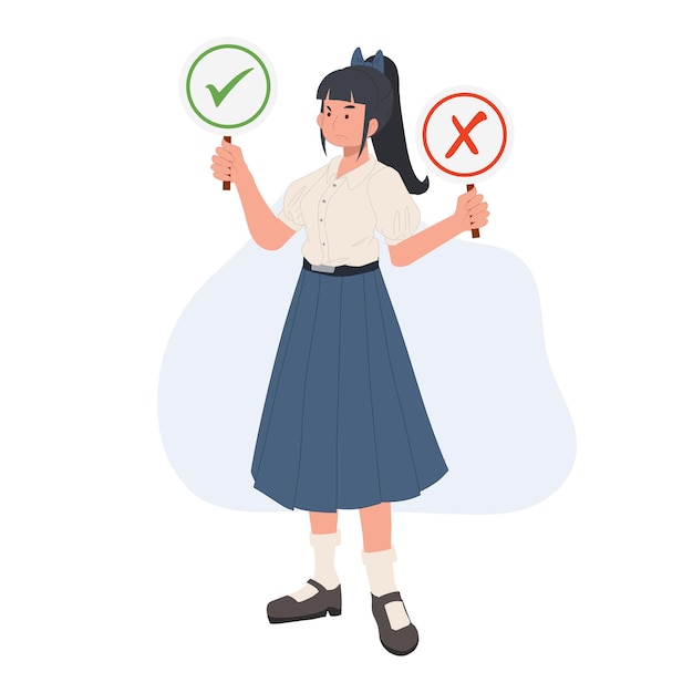 Estudiante asiática en uniforme escolar chica estudiante tailandesa está tomando una decisión correcta o incorrecta ilustración vectorial