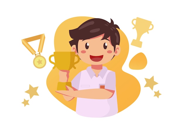 estudiante, asimiento, trofeo, ilustración