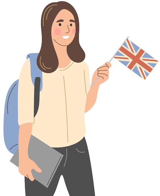 Vector un estudiante con una bandera y una mochila.