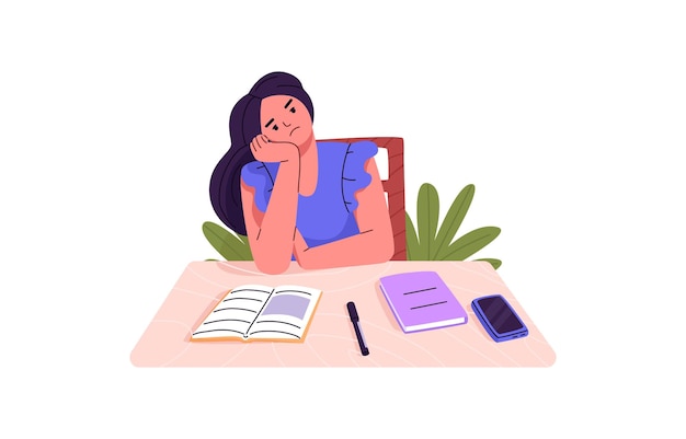 Vector estudiante cansado aburrido sentado en el escritorio niña de escuela secundaria deprimida triste sintiendo aburrimiento alumno adolescente de fatiga infeliz con libros y teléfono en la mesa ilustración vectorial plana aislada en fondo blanco