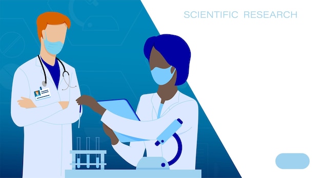 Estudiante científico médico con bata blanca realiza investigaciones con mentor Intercambio de experiencias de capacitación Gotas de líquido en tubos de ensayo Investigación científica en el campo de la medicina Vector