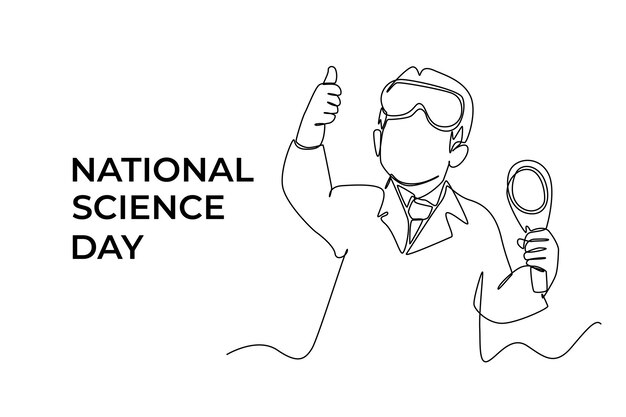 Estudiante de dibujo continuo de una línea con traje de laboratorio apuntando con el pulgar hacia arriba con lupa Concepto del día de la ciencia Ilustración gráfica vectorial de diseño de dibujo de una sola línea