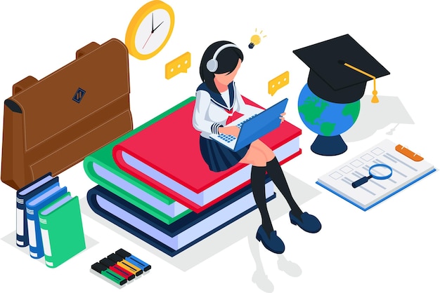 Estudiante escuchando audiolibro desde una computadora portátil y siéntate en una pila de libros Concepto de ilustración de aprendizaje electrónico isométrico Mujer con auriculares para computadora portátil Libros Bolsa de globo Gorra de graduación Vector