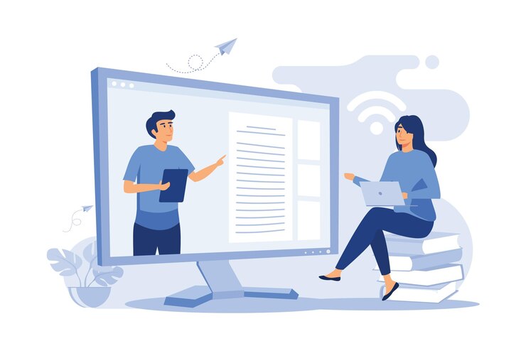 Vector estudiante escuchando webinar en línea ilustración vectorial plana