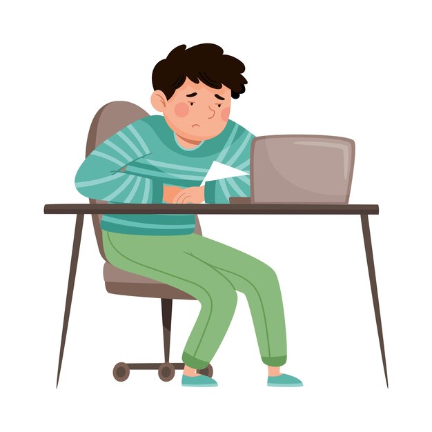 Estudiante de escuela que asiste a una lección en línea a través de una ilustración vectorial de portátil