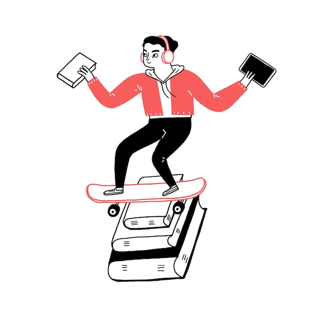 El estudiante está balanceándose en los libros.