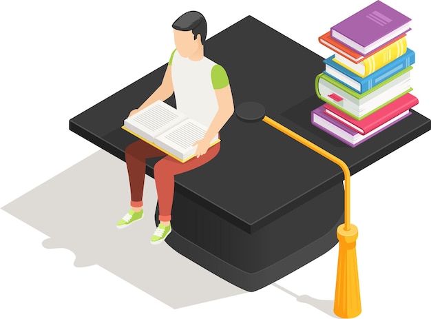 El estudiante está leyendo un libro mientras está sentado en una gorra de graduación con una pila de libros cerca que simbolizan el logro académico, el aprendizaje y la educación en una perspectiva isométrica