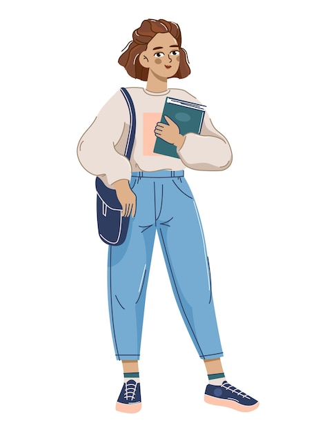 Una estudiante está de pie con un libro Estudiando en la universidad preparándose para los exámenes Ilustración vectorial de personas