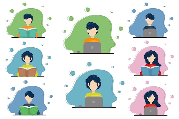 Estudiante establece íconos de personas en la computadora y leyendo libros