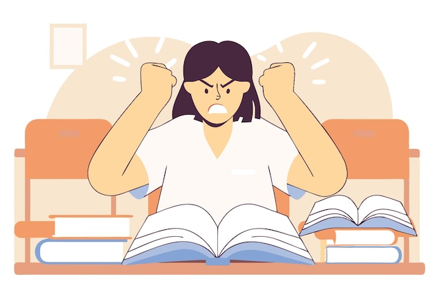 Estudiante estresada por los exámenes Proceso de aprendizaje Preparación de exámenes Ilustración vectorial