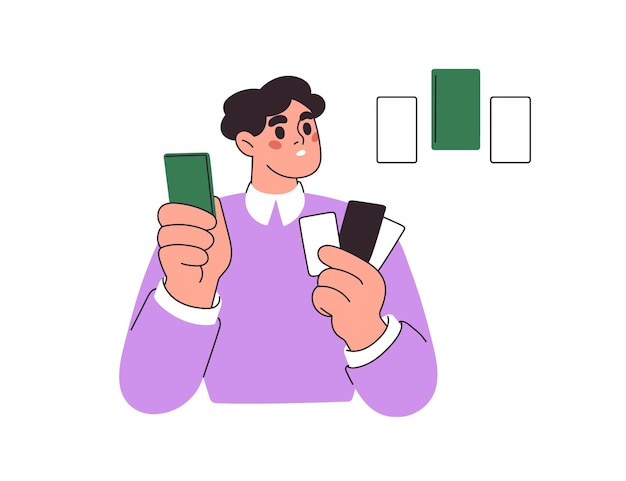 Estudiante estudiando cartas coincidentes Estudiante desconcertado resolviendo problemas encontrando soluciones pensando comparando conceptos de conocimiento educativo Ilustración vectorial gráfica plana aislada sobre fondo blanco