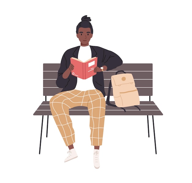 Estudiante estudiando y leyendo un libro al aire libre hombre afroamericano sentado en un banco con literatura en las manos Lector sosteniendo un libro de texto Ilustración vectorial plana de color aislada sobre fondo blanco