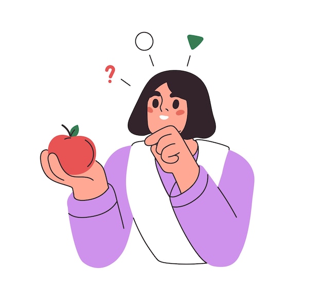 Estudiante estudiando la manzana mirando y describiendo la fruta Concepto de conocimiento educativo Estudiante de la escuela aprendiendo a pensar Aprendizaje de la niña Ilustración vectorial gráfica plana aislada sobre fondo blanco