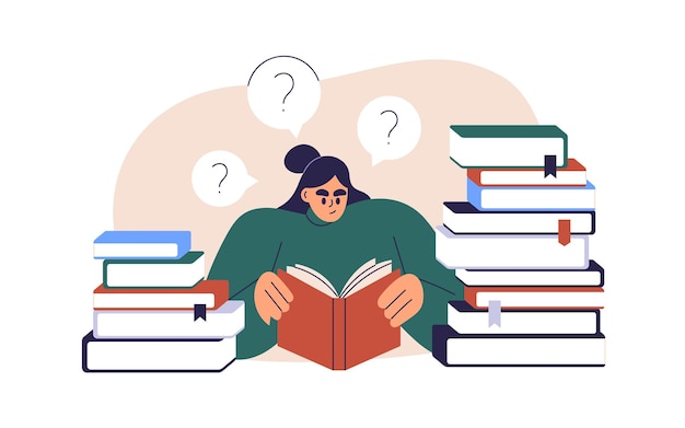 Estudiante estudiando preparándose para un examen entre pilas de libros Lectura de caracteres libros de texto investigación para encontrar respuestas en la biblioteca Concepto de educación Ilustración vectorial plana aislada en fondo blanco