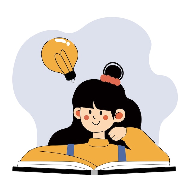 Estudiante feliz con una idea de bombilla leyendo un libro para volver a la escuela aprendizaje y creatividad