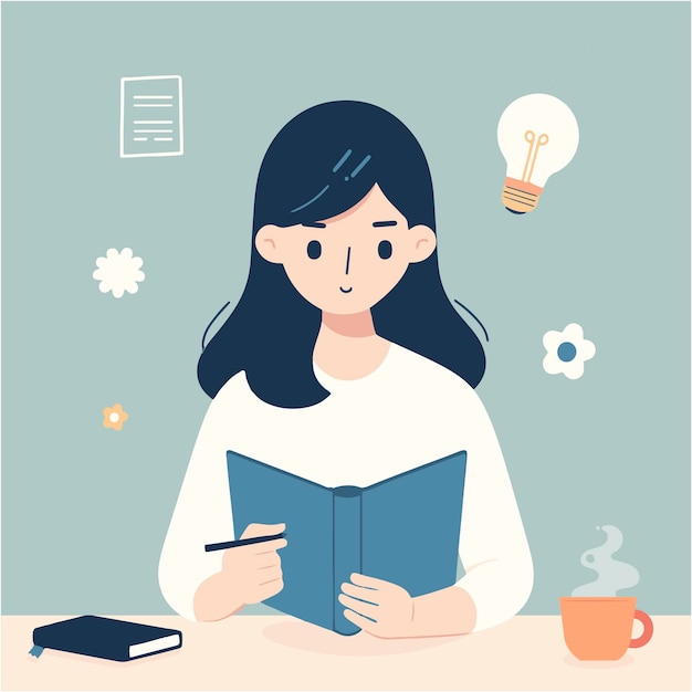 estudiante feliz leyendo un libro sosteniendo una pluma educación chica preparándose para un examen joven mujer escribiendo una nota