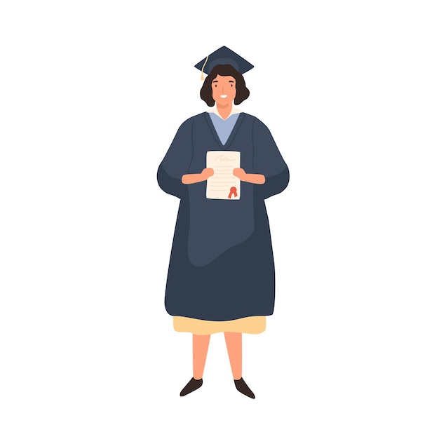 Estudiante feliz sosteniendo ilustración plana de vector de diploma. Mujer sonriente vistiendo túnica y gorra aislado sobre fondo blanco. Persona graduada alegre que demuestra el certificado.