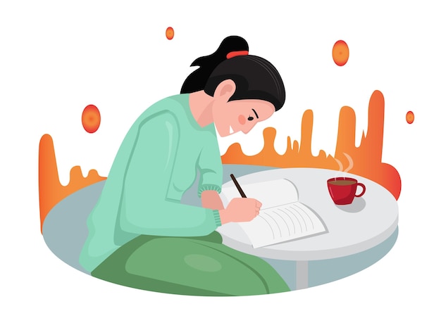 Vector estudiante femenina escribiendo un libro mujer escribiendo una nota o diario ilustración vectorial de un personaje femenino