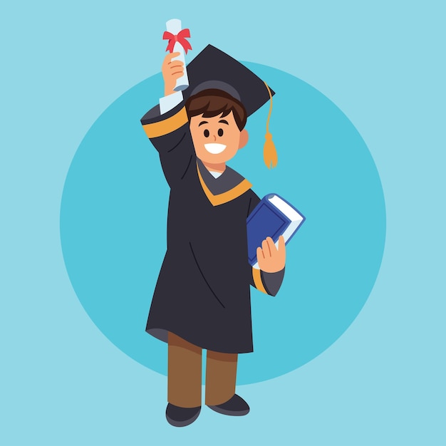 Estudiante graduado alegre celebrando el logro académico con un diploma y un libro