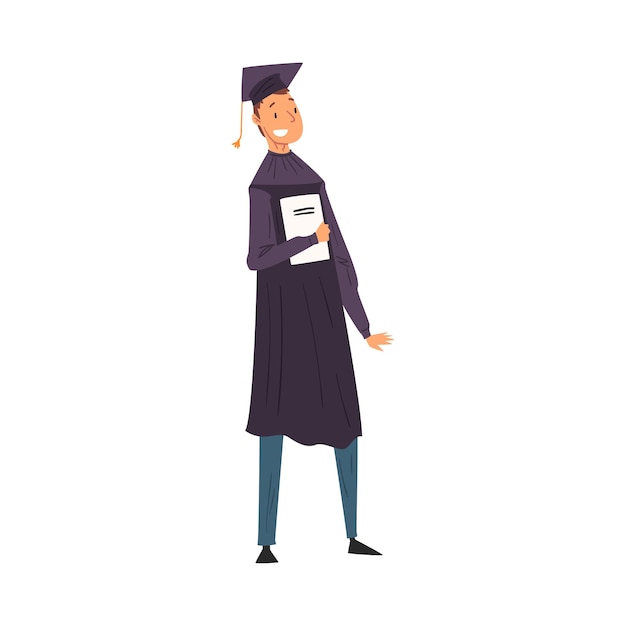 Estudiante graduado masculino en bata y gorra de pie con ilustración vectorial de diploma