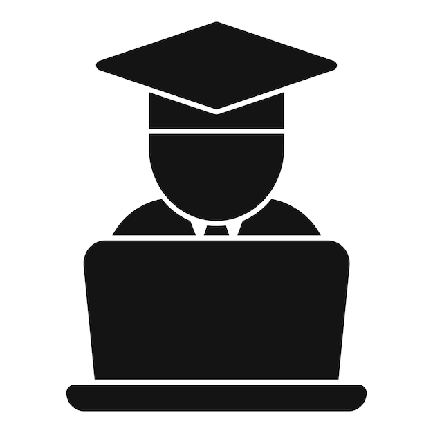 Estudiante graduado trabajando en el icono de la computadora portátil