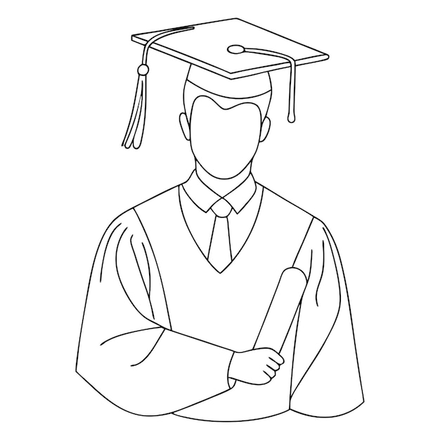 Estudiante graduado usa gorra de graduación y túnica con certificado en su ilustración de arte de línea de mano