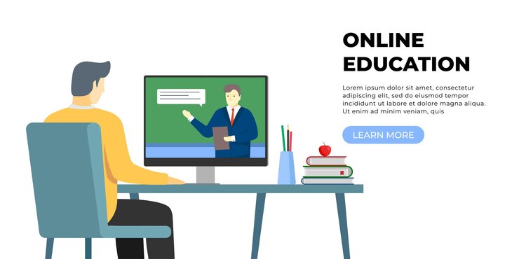 Vector estudiante hombre aprendizaje remoto y educación en línea en casa niño sentado en el escritorio con libros y estudiando