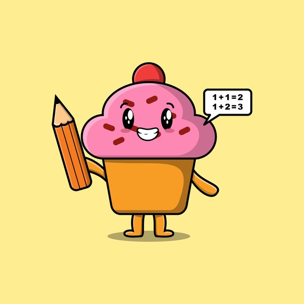 Estudiante inteligente de dibujos animados lindo de cupcake con diseño de estilo lápiz en diseño de estilo plano moderno