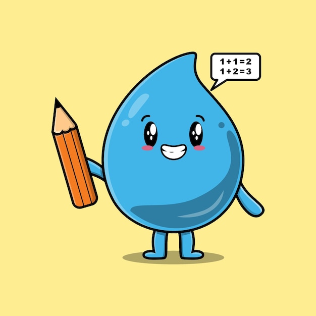 Estudiante inteligente de dibujos animados lindo de gota de agua con diseño de estilo lápiz