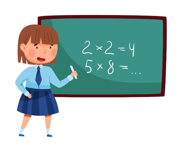 Estudiante inteligente en uniforme azul de pie en la pizarra y haciendo una ilustración vectorial de suma