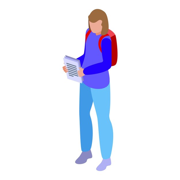 Estudiante isométrico con una mochila leyendo notas