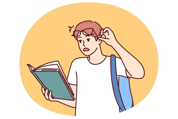 Vector un estudiante con un libro lee hechos increíbles y inteligentes en el libro de texto que causa un efecto wow