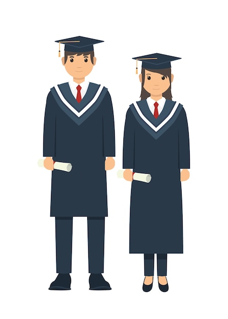 Estudiante masculino y femenino posando después de la ceremonia de graduación