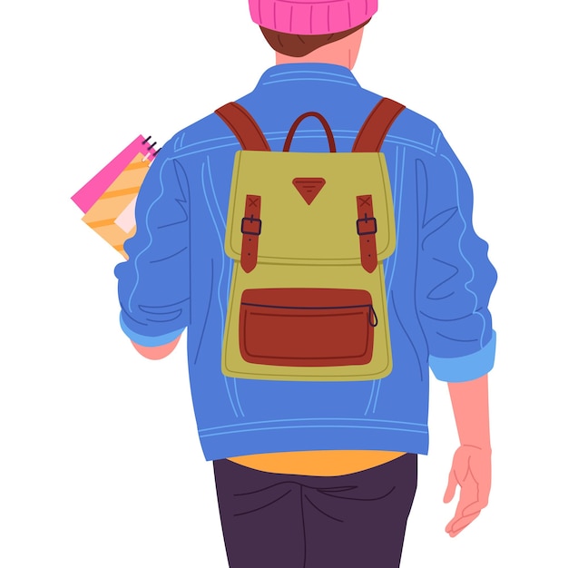 Vector estudiante masculino con mochila hombre con bolsa de la escuela estudiante macho con mochila de la espalda ilustración vectorial plana hombre joven con mochila vista desde la espalda