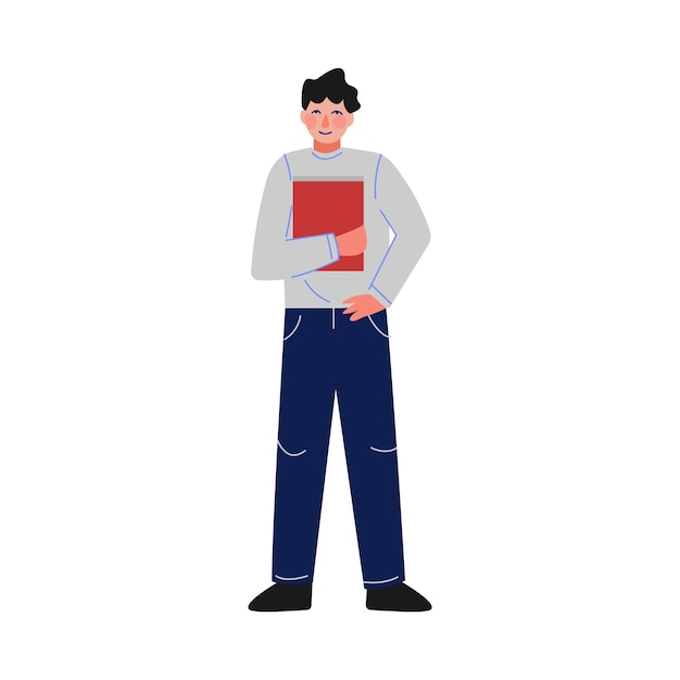 Vector estudiante masculino sonriente personaje adolescente de pie con ilustración vectorial de libro