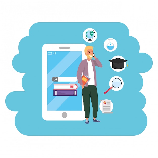 Estudiante milenario de educación en línea con teléfono inteligente
