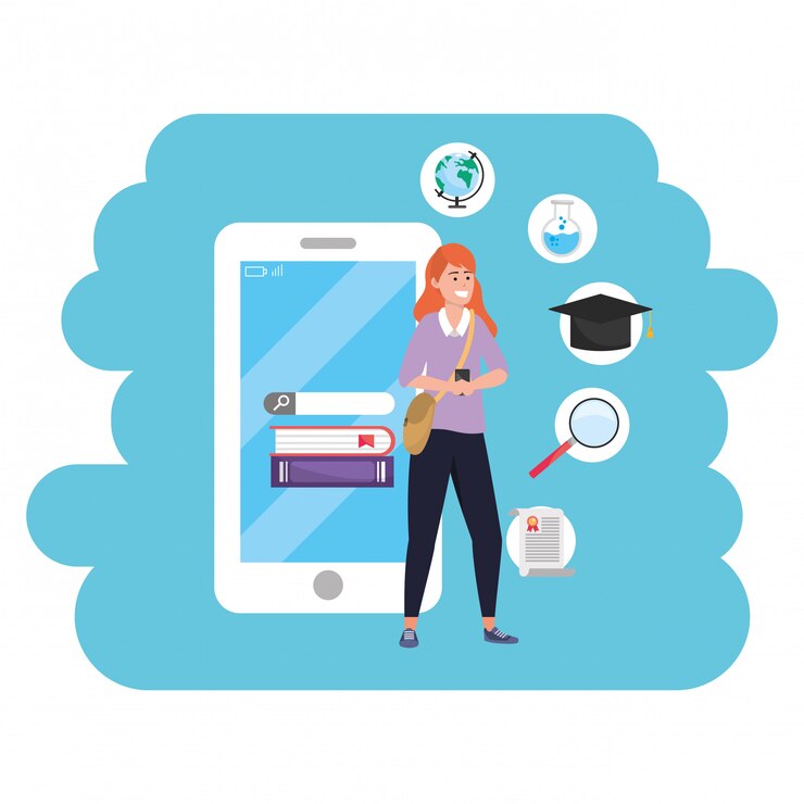 Vector estudiante milenario de educación en línea con teléfono inteligente
