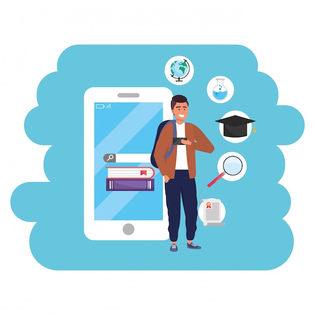 Estudiante milenario de educación en línea con teléfono inteligente