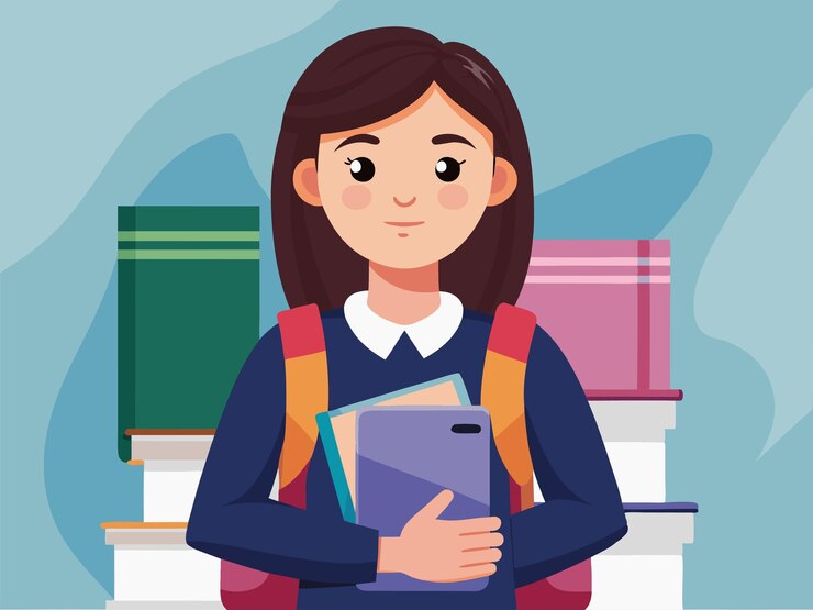 Vector estudiante con una mochila negra con libros en la mano