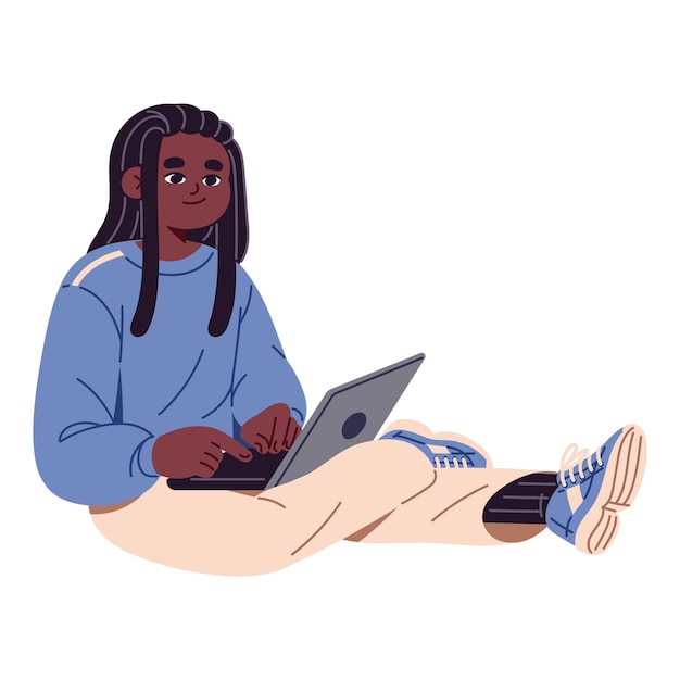 Estudiante negro con dreadlocks se sienta en el suelo sostiene la computadora portátil adolescente feliz escribiendo en la computadora se comunica en línea aprendizaje adolescente lindo con educación a distancia ilustración vectorial aislada plana en blanco