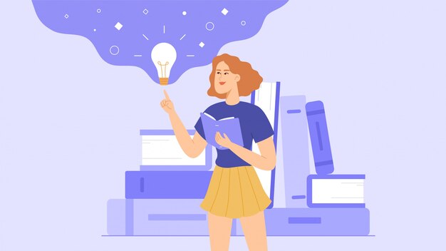Un estudiante o una colegiala lee un libro. Mientras lee, a la niña se le ocurre una idea. Una pila de libros está en el fondo.