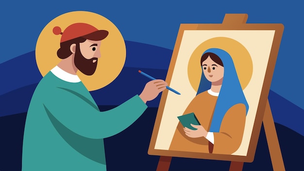 Un estudiante pinta delicadamente el retrato de María y José inspirado en el nacimiento de Jesús descrito