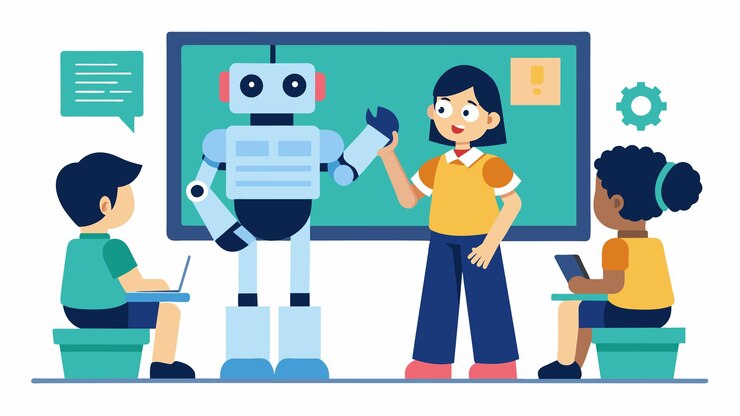 Vector un estudiante presenta su robot a la clase explicando sus funciones y capacidades mientras su