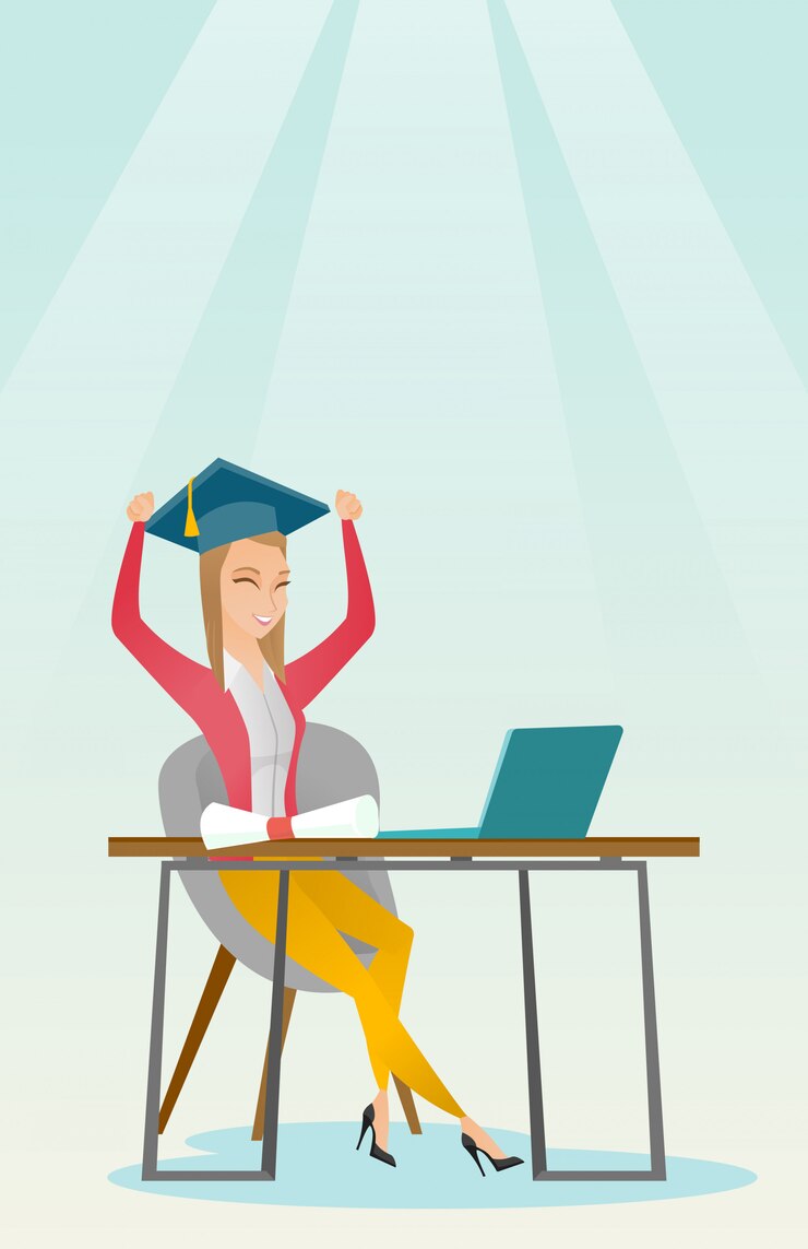 Vector estudiante que usa la computadora portátil para la educación.