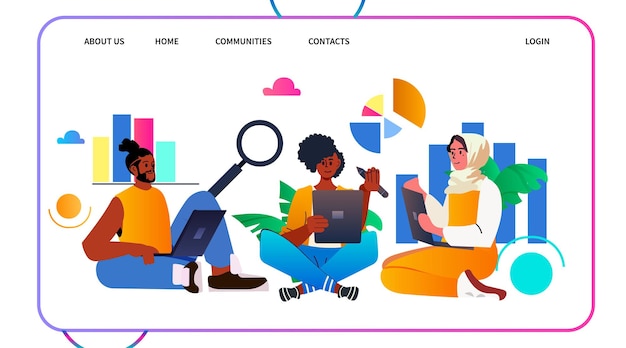 estudiante de raza mixta analizando datos estadísticos en pantalla digital investigación en línea e-learning concepto de educación a distancia ilustración vectorial horizontal