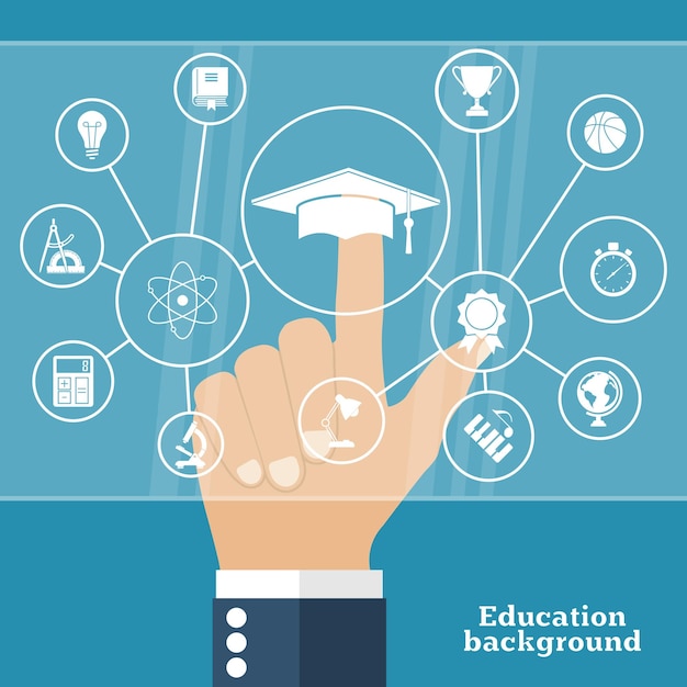 El estudiante señala el teclado de la pantalla táctil virtual en concepto de educación Tecnología informática moderna Estilo de diseño plano de ilustración vectorial Conjunto de iconos de educación Educación en línea e-learning