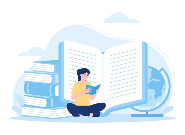 Estudiante sentada y leyendo un libro de tendencia concepto ilustración plana