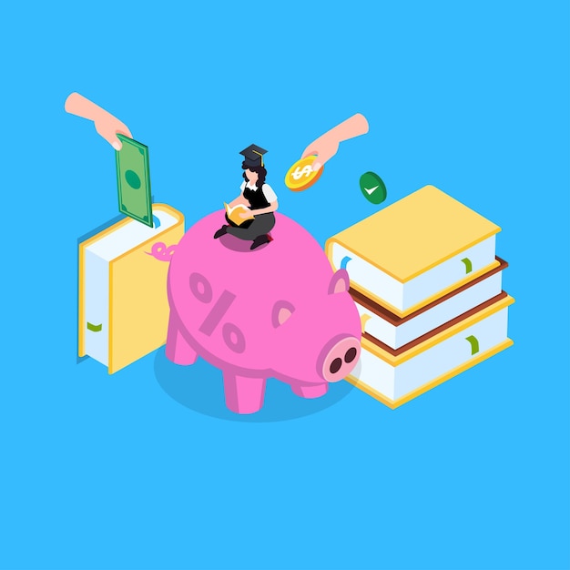 Estudiante sentada en su ahorros para la educación en la alcancía