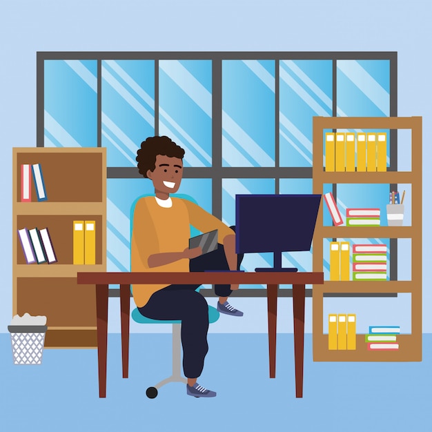 Estudiante sentado en la ilustración del escritorio de la biblioteca