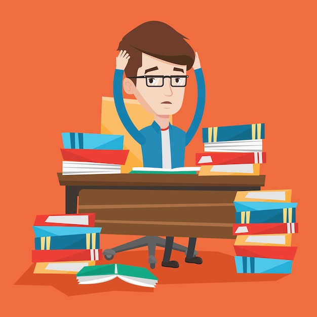 Estudiante sentado a la mesa con montones de libros.